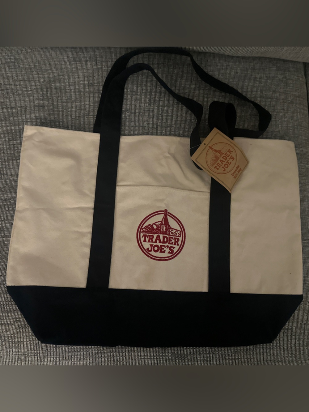 Trader Joe's Two-Tone Canvas Tote in Cream and Navy Blue